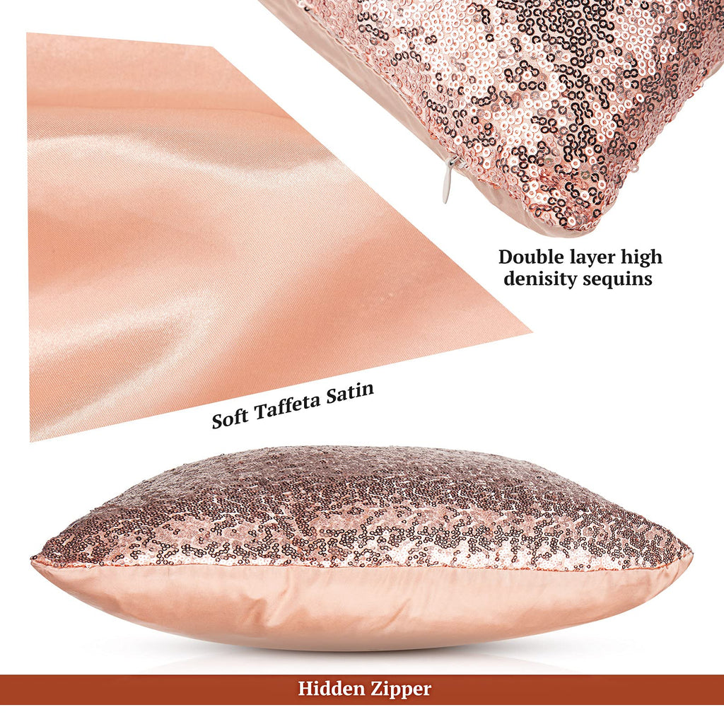 4 Pcs Sequin Fluffy Pillow, Rose Gold, White, 18 x 18 Inch