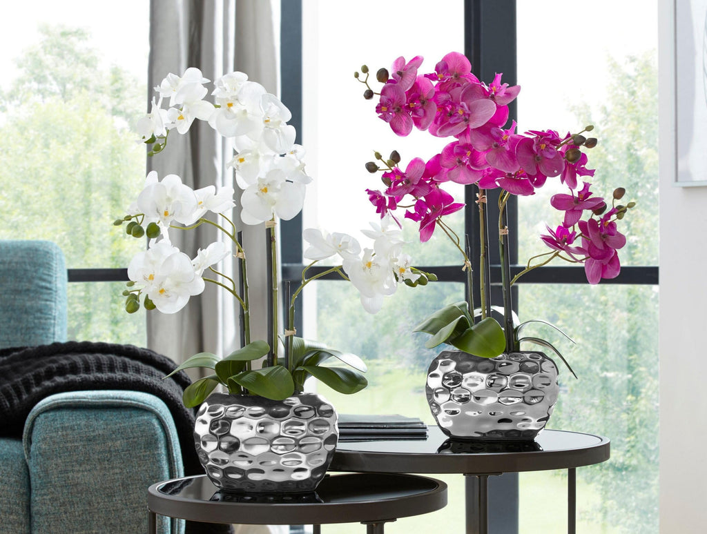 Artificial Flower, Fake Orchid Phalaenopsis Including Textured Metallic-Silver Vase, 24" (White)