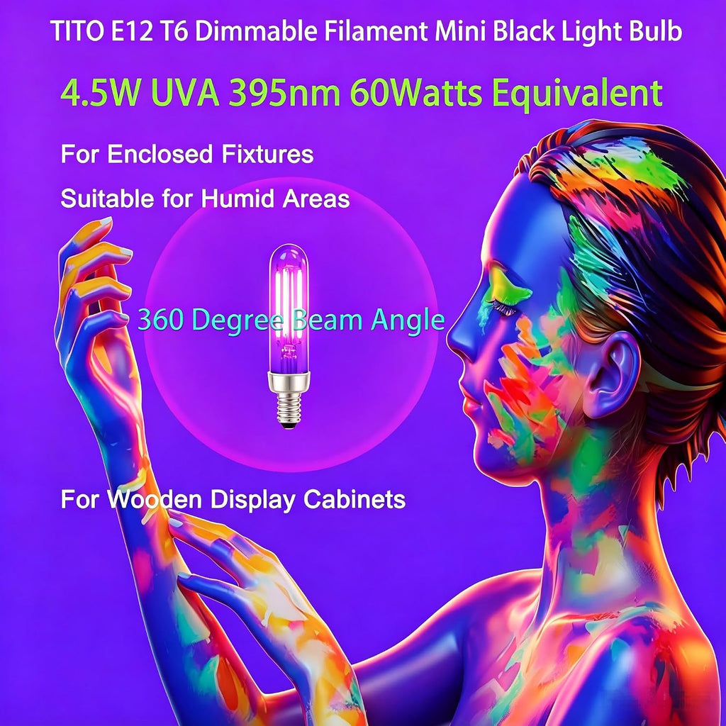 6 Pack E12 T6 UVA 395nm Dimmable Mini Filament Black Light Bulb
