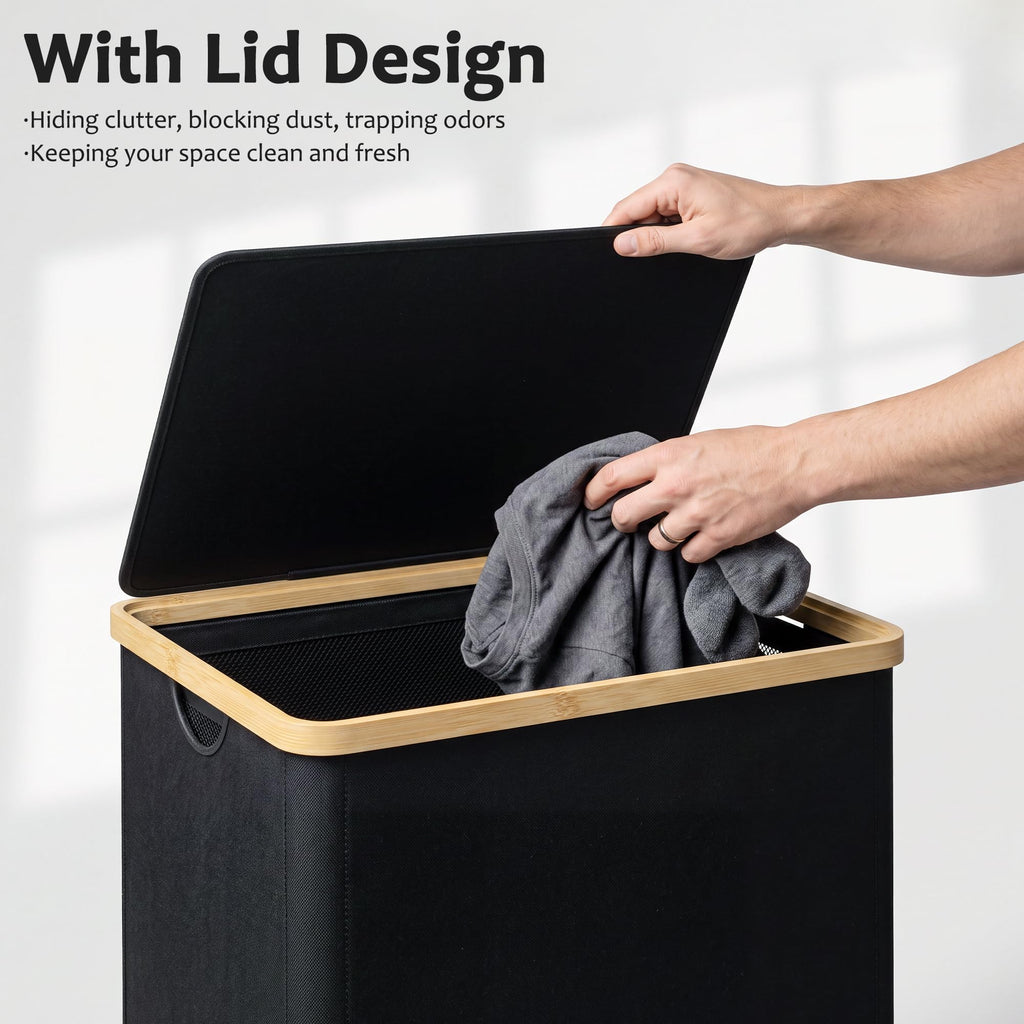 100L Laundry Basket with Wheels and Lid, Rolling Laundry Hamper with Bamboo Handles and Removable Bag, Dirty Clothes