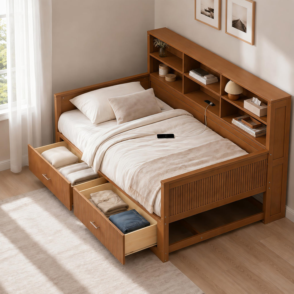 Twin Size Daybed with Storage Shelves Bookcase and Drawers, Walnut