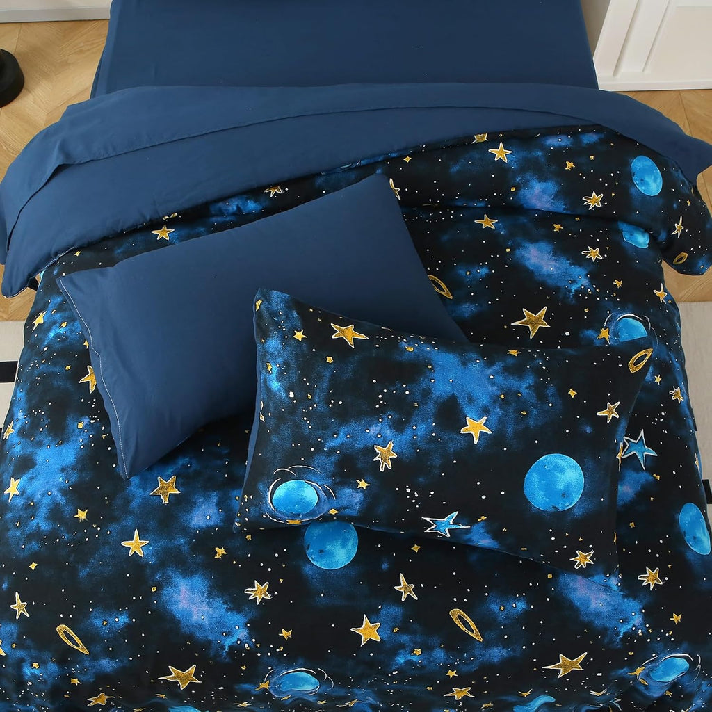 Glow in The Dark Kids Comforter Set, 4 Pieces Blue Space Bedding Set Full for Boys Girls Teen, 1 Comforter, 1