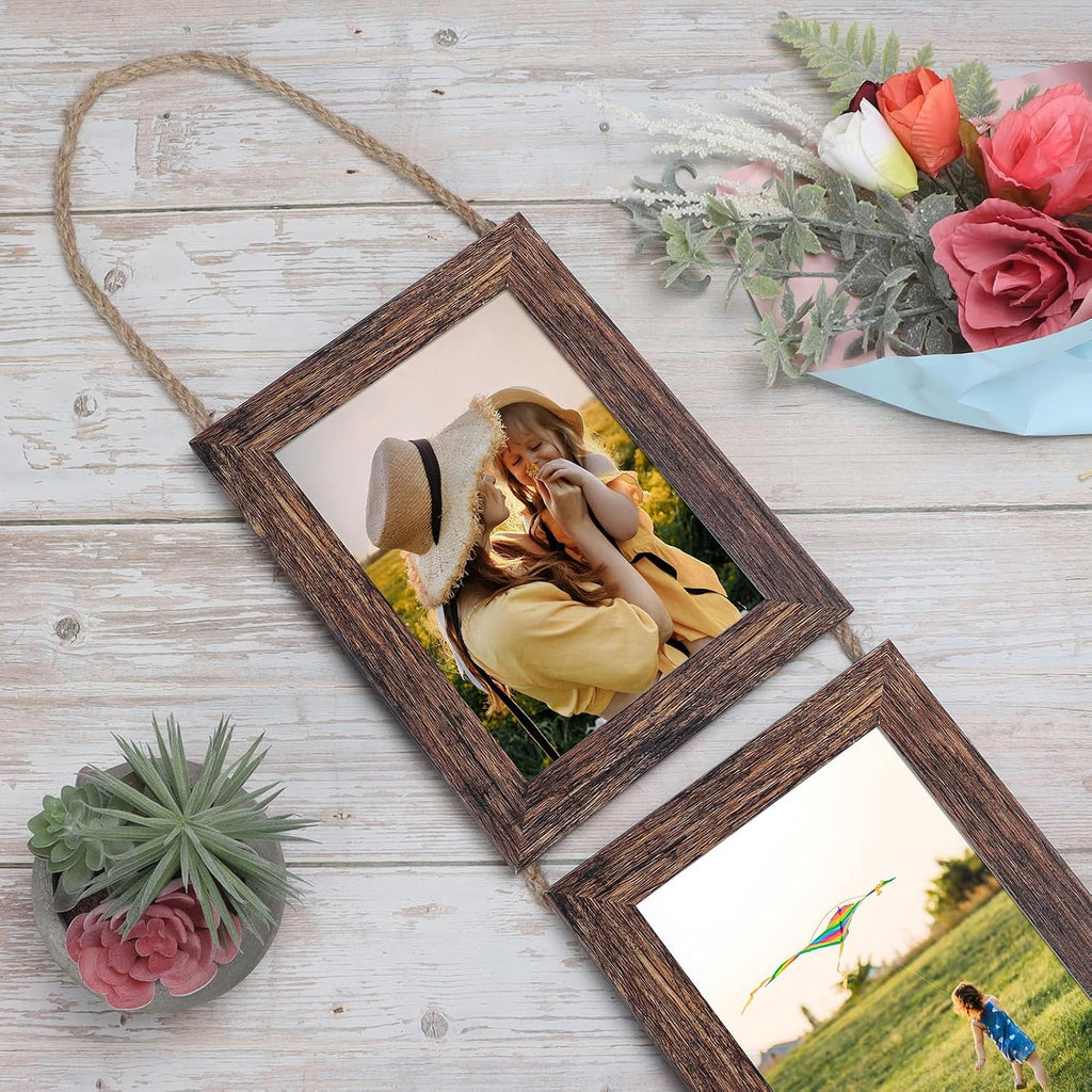 Wall Hanging 5x7 Picture Frames Set of 2, Vertical Collage Distressed Brown Triple Frame Made to Display 5 by 7 inch