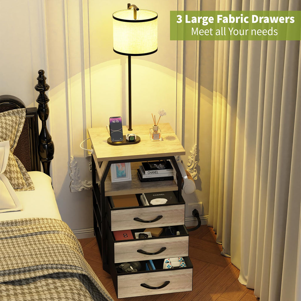 Floor Lamp with Table Set 2, End Table with Light & Charging Greige