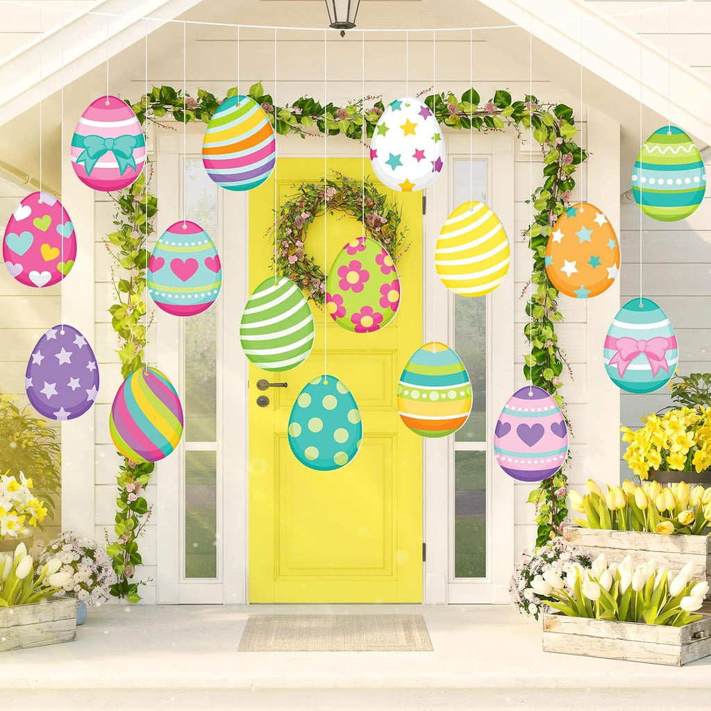Easter Decorations Outdoor Easter Eggs Hanging Yard Signs 7.9 Inch Large Colorful Egg Shaped Double Sided - Set of 16