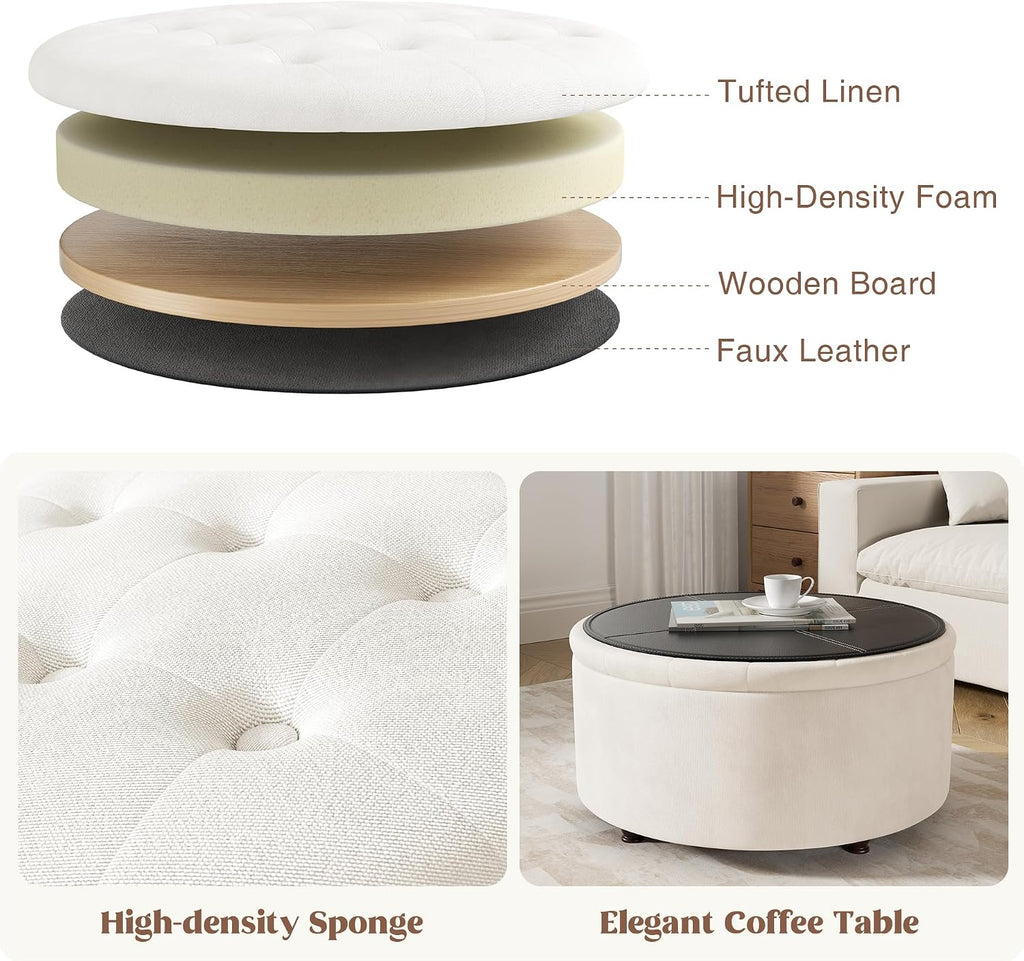 30 Inch Round Storage Ottoman,Modern Tufted Ottomans,Circular Coffee Table with Removable Top,Upholstered Large