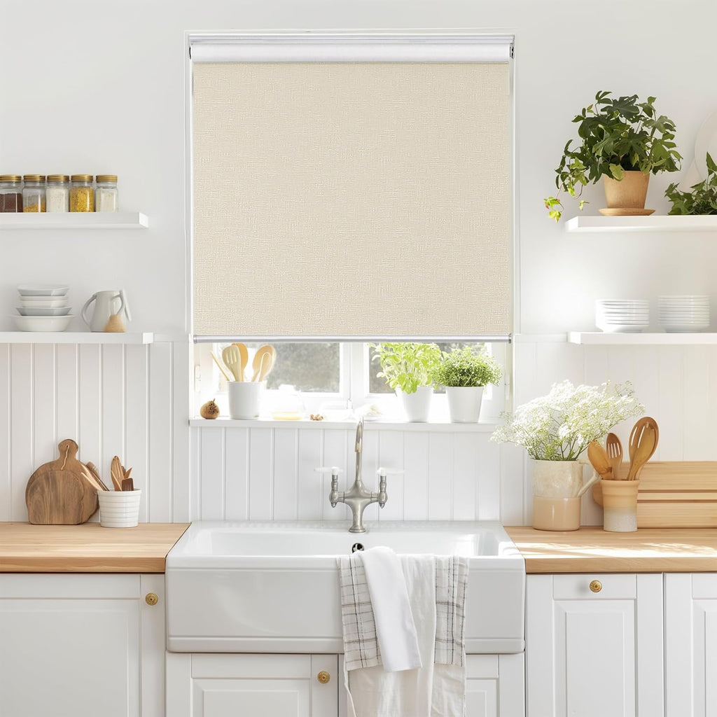 Cordless 100% Blackout Roller Shade, with Striped Jacquard, Thermal Insulated, UV Protection Fabric, Total Blackout