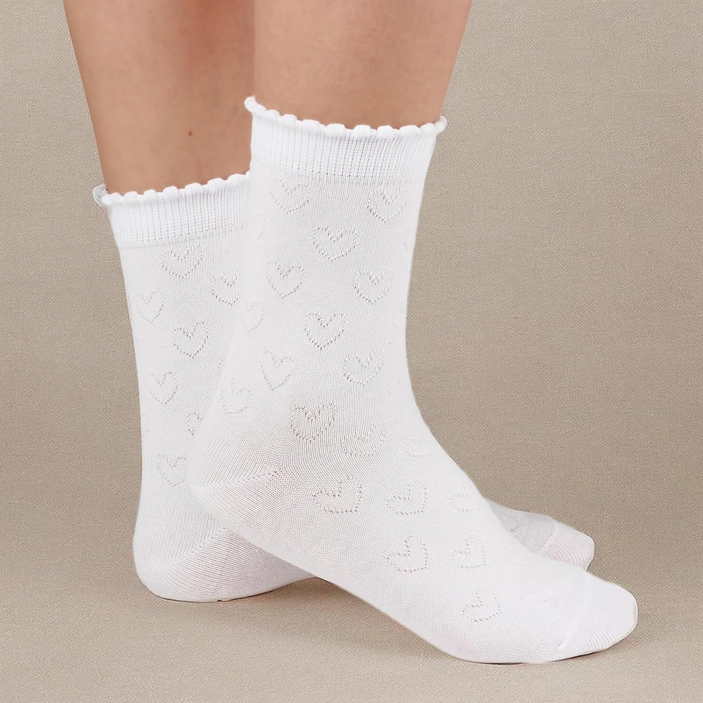 Kids Girls White Dressy Textured Thin Socks Scallop Top 5 Pack
