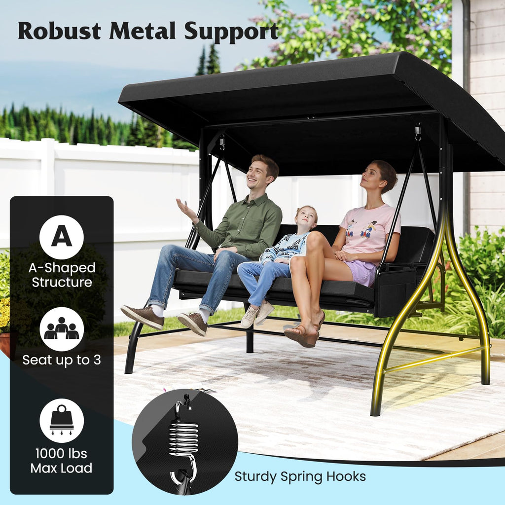 3 Person Porch Swing with Canopy, 2-in-1 Convertible, Black
