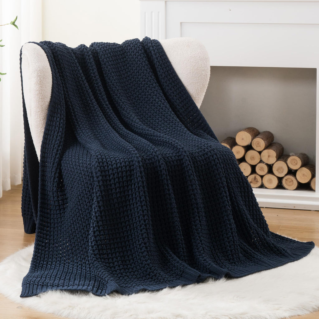 Navy Blue Throw Blanket for Couch, Chenille Knitted Blue Blanket 60''x80''