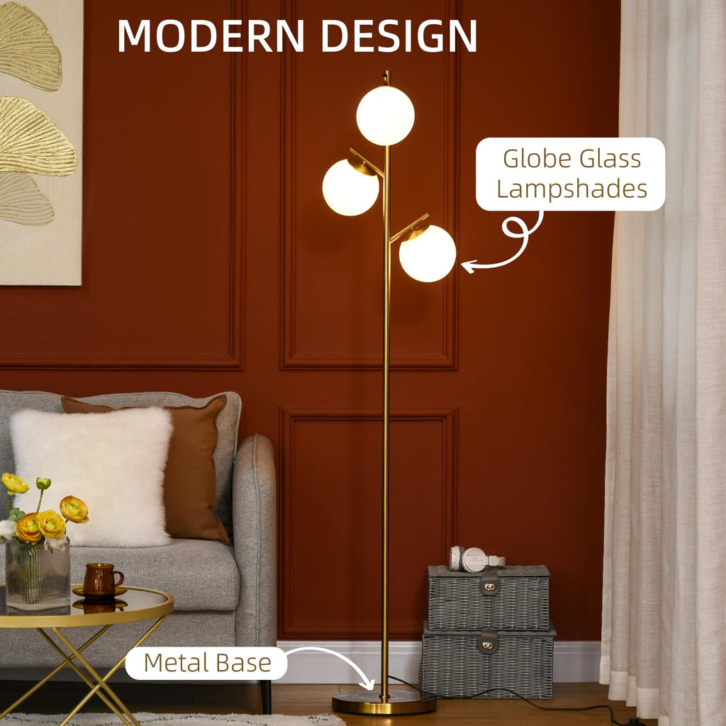 3-Light Modern Floor Lamp, Globe Lampshades, Bright Lighting, Gold