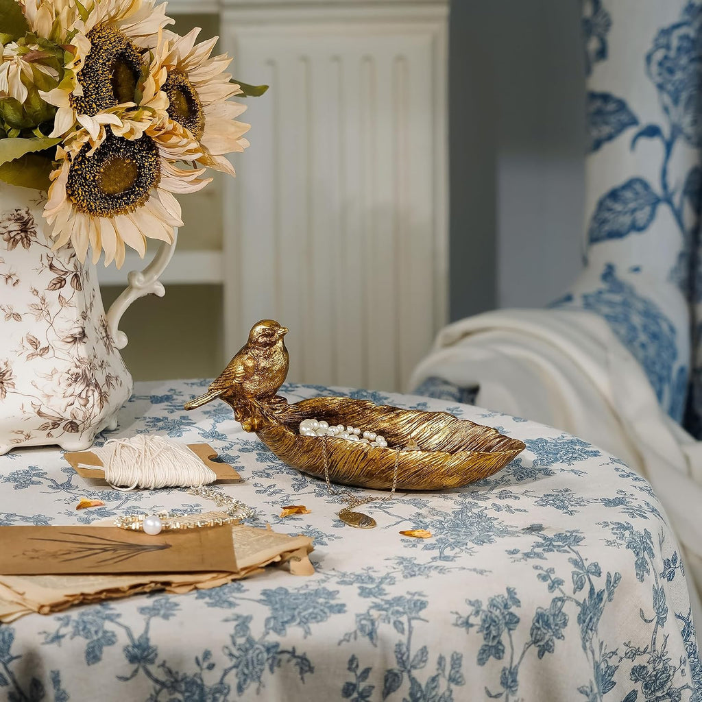 Resin Jewelry Tray, Gold Leaf-shaped with Standing Bird, Ring Dish, Decorative Organizer for Entrance Vanity Dresser