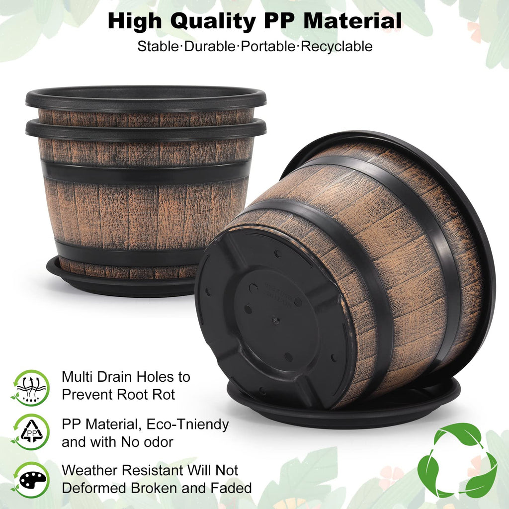 Large Plastic 3 Pack16 inch Plant Pots, Whiskey Barrel Planters