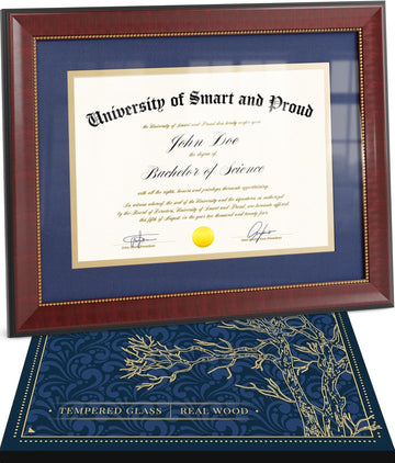 Wooden College Diploma Frame 8.5 x 11 with Mat (Blue /w Golden Rim)