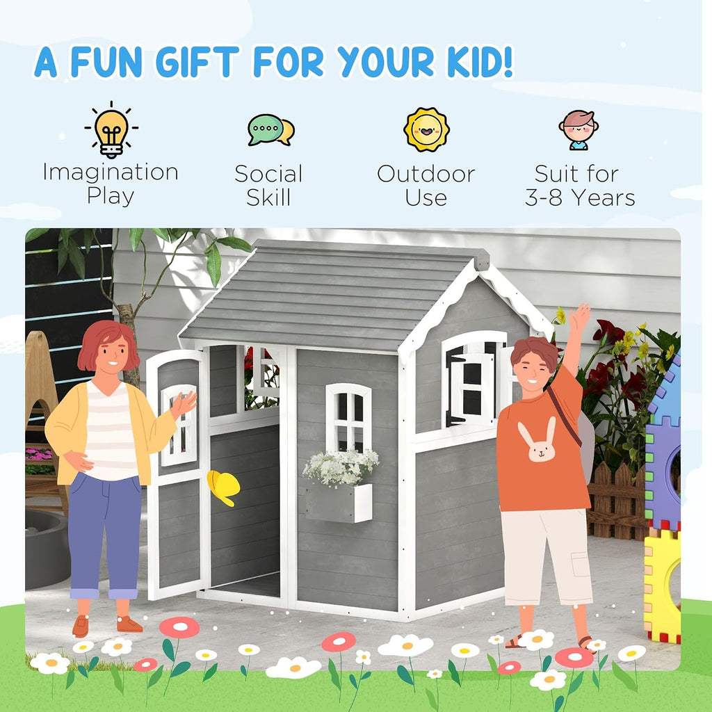 50x50x70in Kids' Outdoor Wooden Playhouse Includes Two Doors Two Windows Safety Floor PlanterBox for Children Ages 3