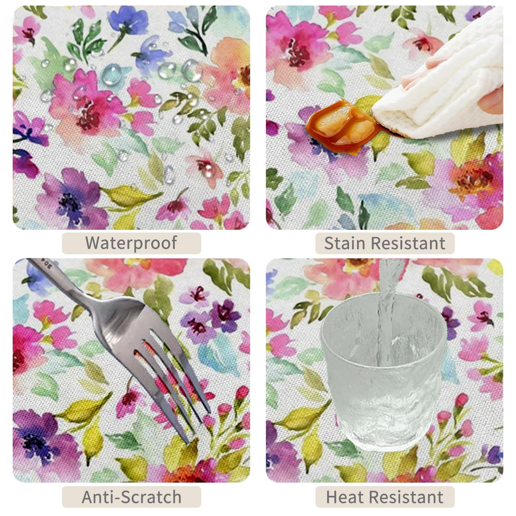 60x102inches Spring Floral Rectangle Tablecloth Colorful Watercolor Flowers with Leaves Printed Table Clothes Cover