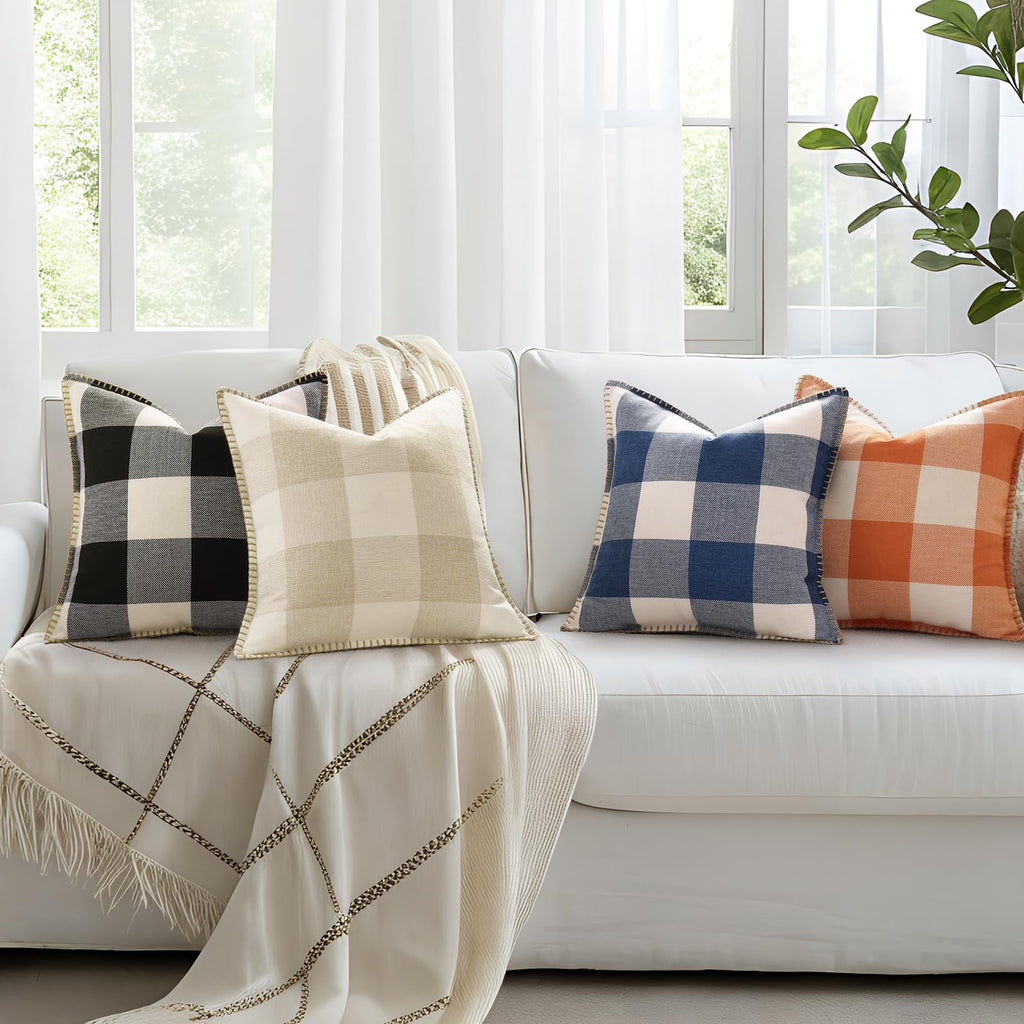 Fall Plaid Linen Throw Pillow Covers 18x18 Set of 2 Black White