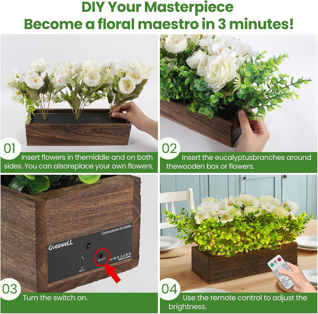14" Artificial Peony Hydrangea Flowers Arrangement in Rectangular Wooden Planter Box, Rechargeable LED Faux Plants