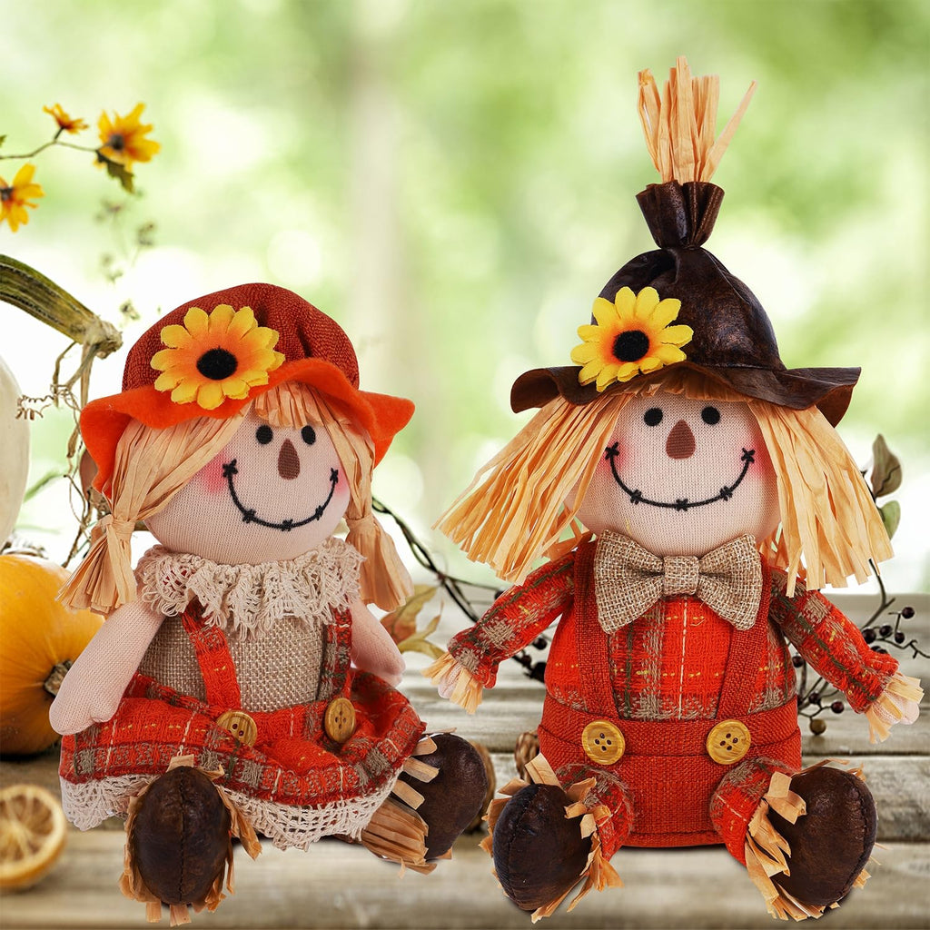 2 Pack Fall Tabletop Decorations Scarecrows, Thanksgiving Harvest Handmade Scarecrow, Autumn Shelf Sitters Figurine