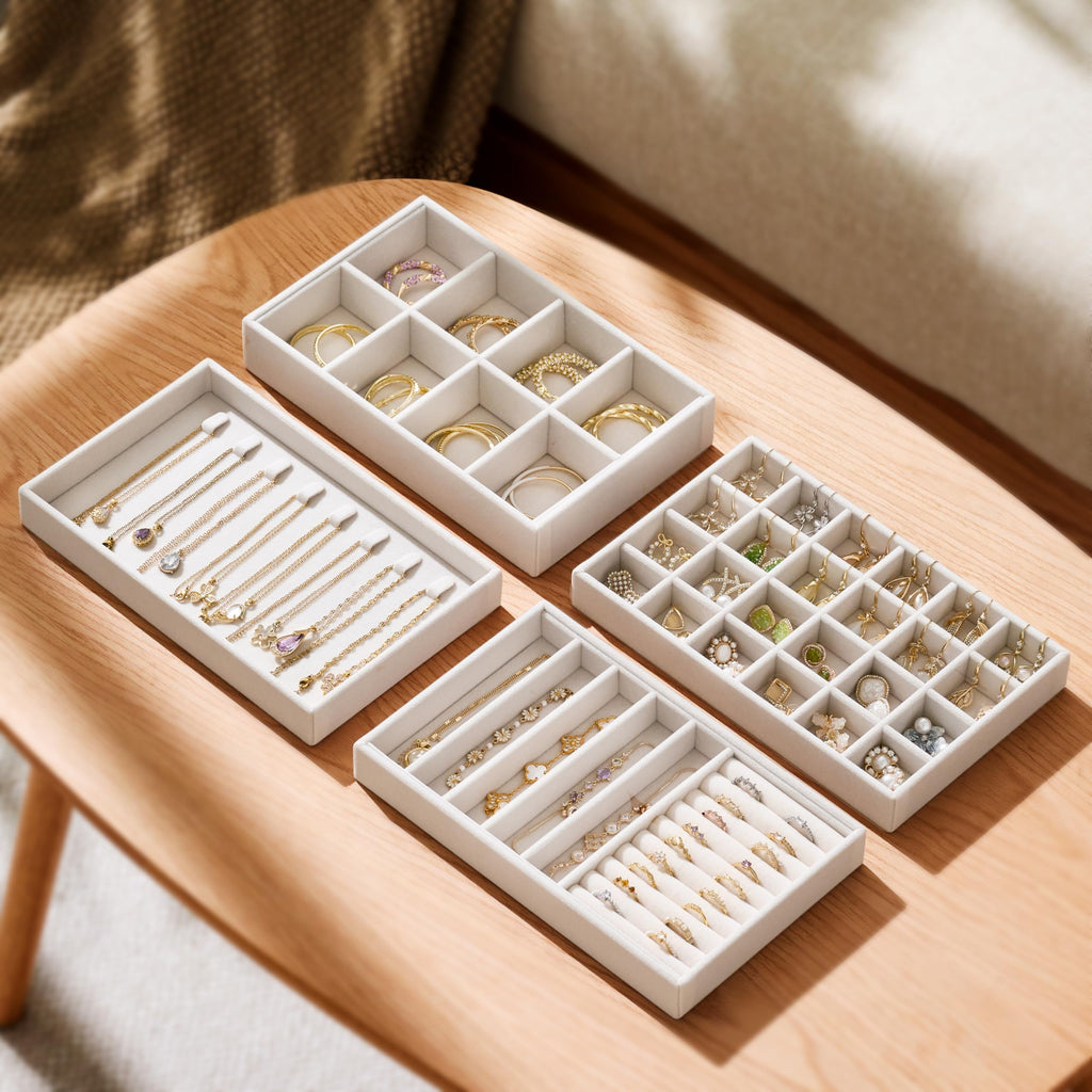 Velvet Jewelry Drawer Organizer Trays - 4-Layer Stackable Jewelry Storage Inserts Set, Beige Jewelry Tray Set for