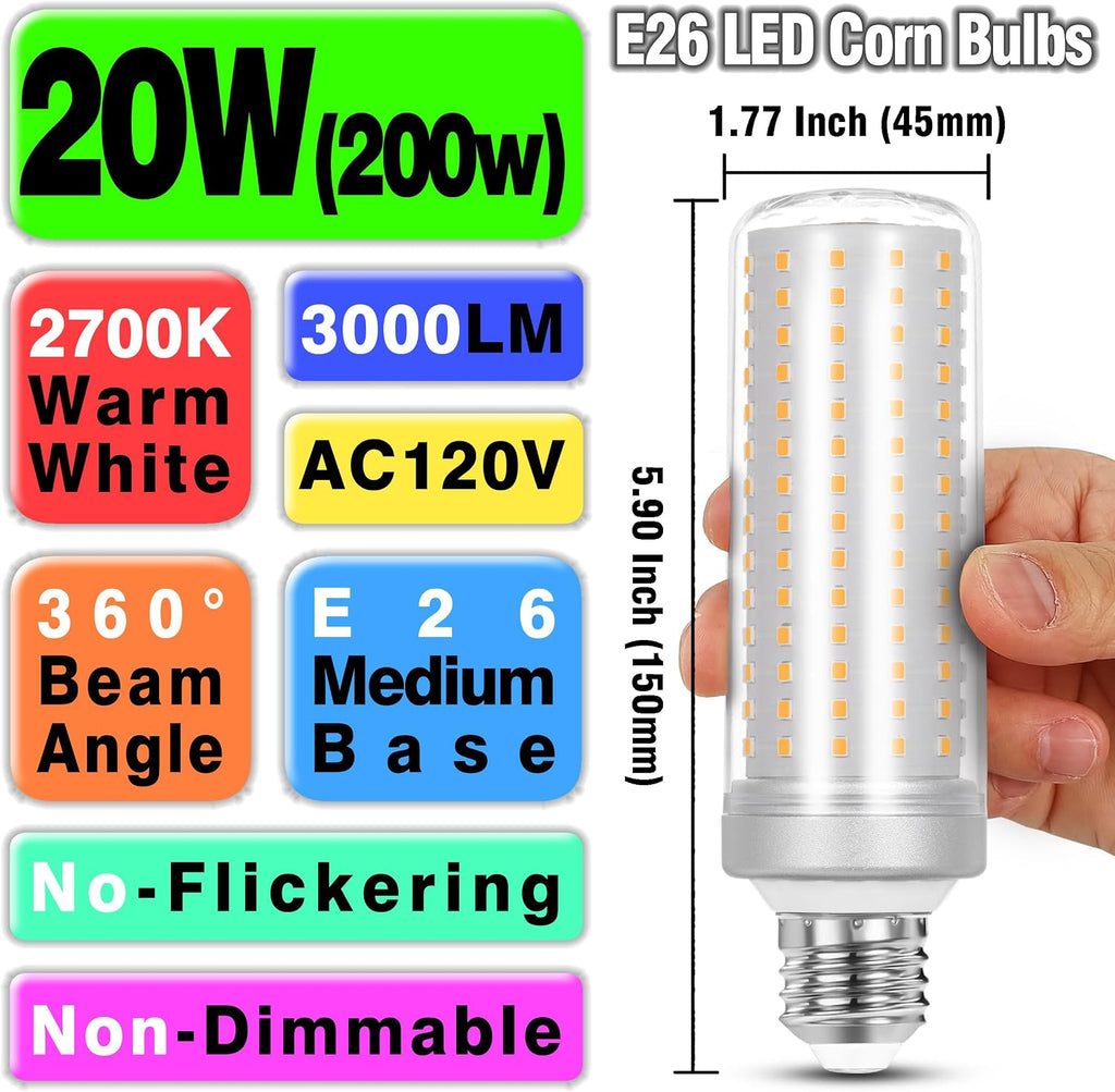 E26 200w Replacement LED Corn Bulbs Medium Base, 2700K Warm White