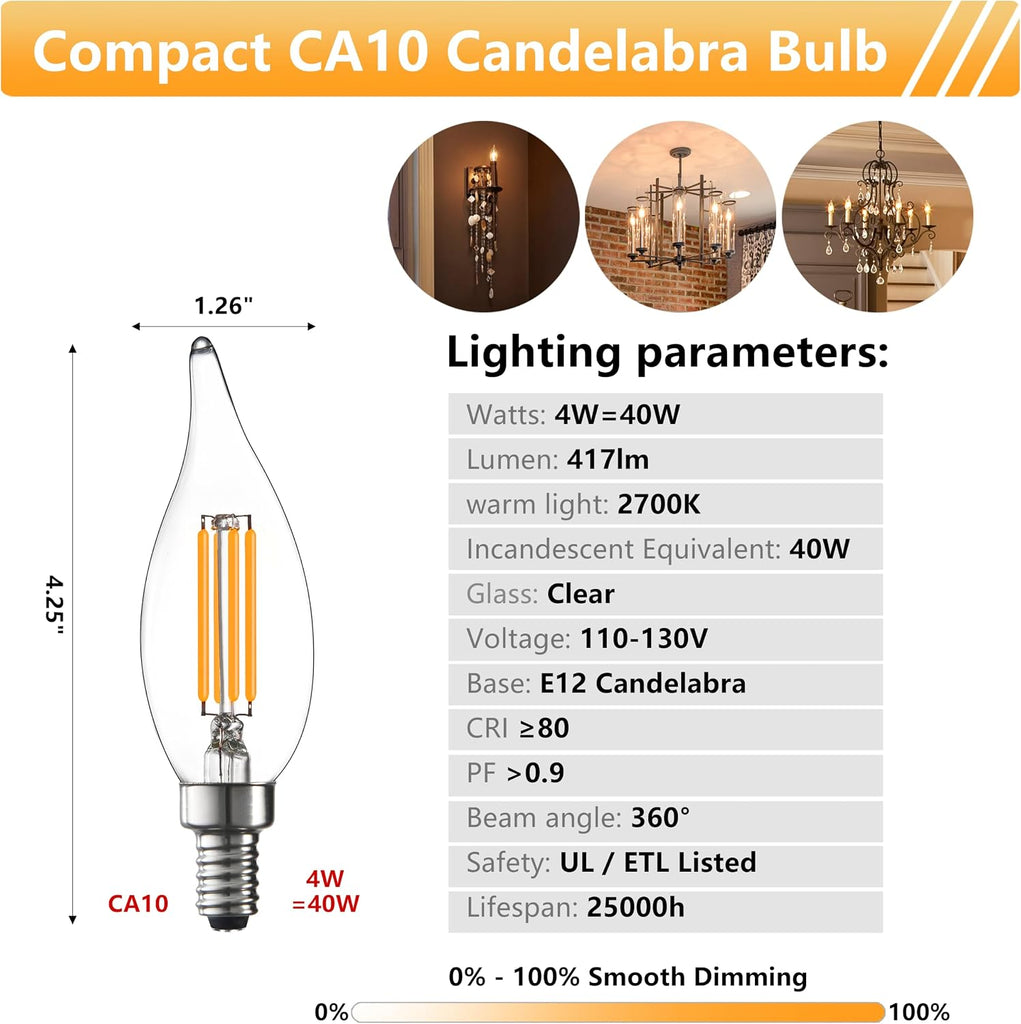 CA10 E12 LED Candelabra Light Bulbs 40W Dimmable 6 Pack