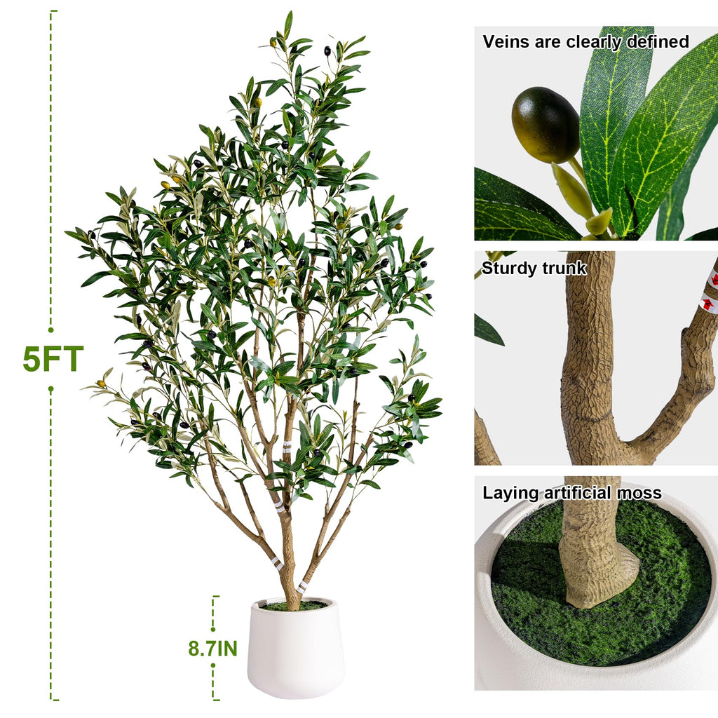 5FT Faux Olive Tree with White Pot & Moss, Artificial Olive Tree Indoor Outdoor, PE/PVC Leaves, Realistic Resin Trunk