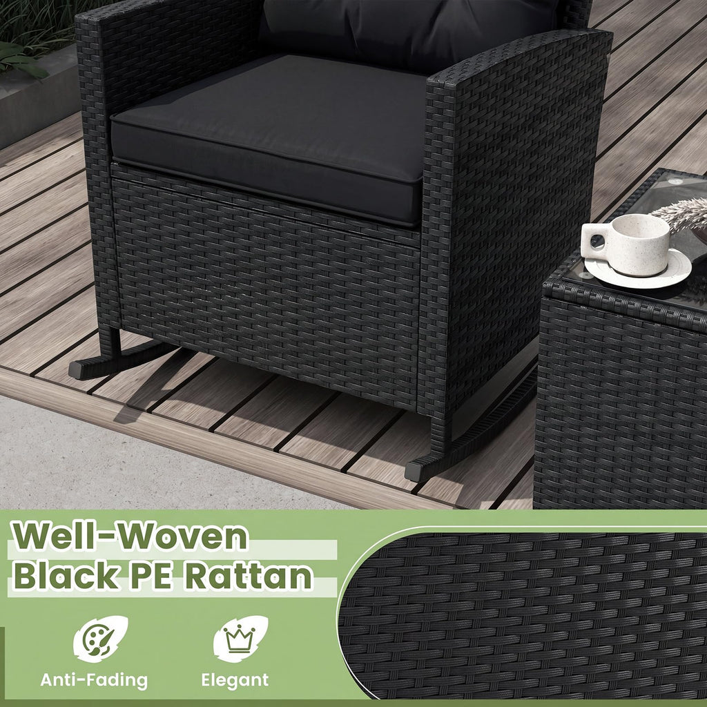 3 Piece Wicker Outdoor Rocking Chairs Set (Black)