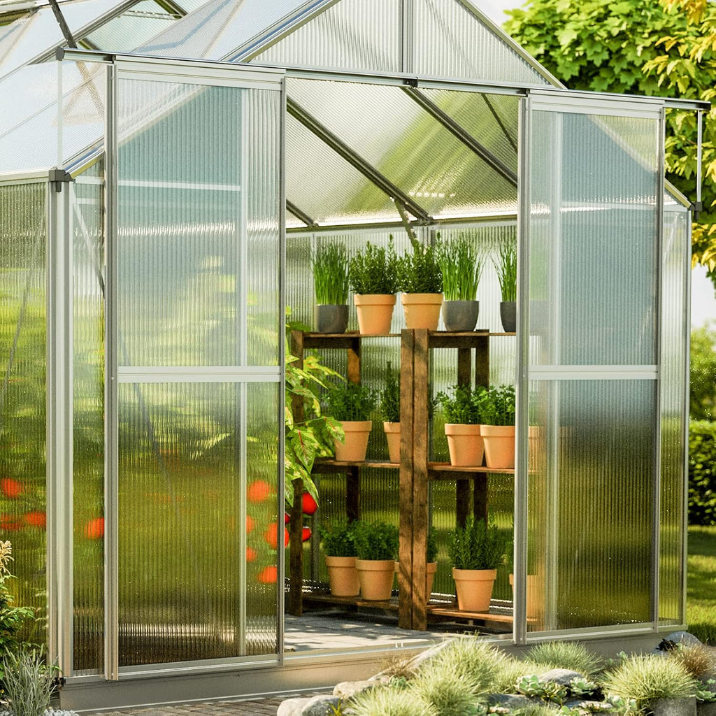 Topas 6 7.4x12.6 ft Walk in Greenhouse, Clear Polycarbonate | Double sliding door, 3 roof vents, twin wall panels