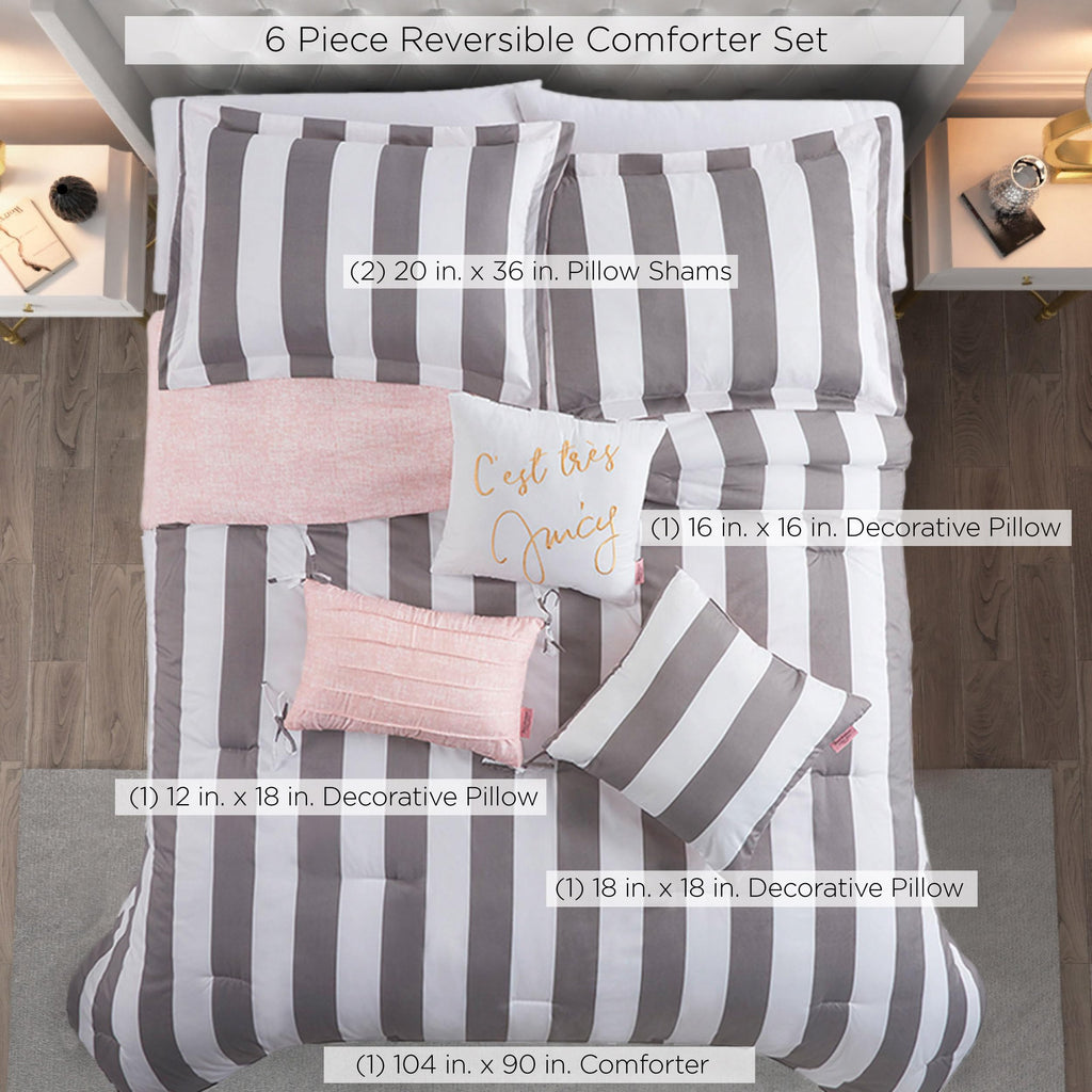 Cabana Stripe Reversible Bedding Set - Grey and White Stripe Print - 6 Piece Set - Includes 1 104" x 90"