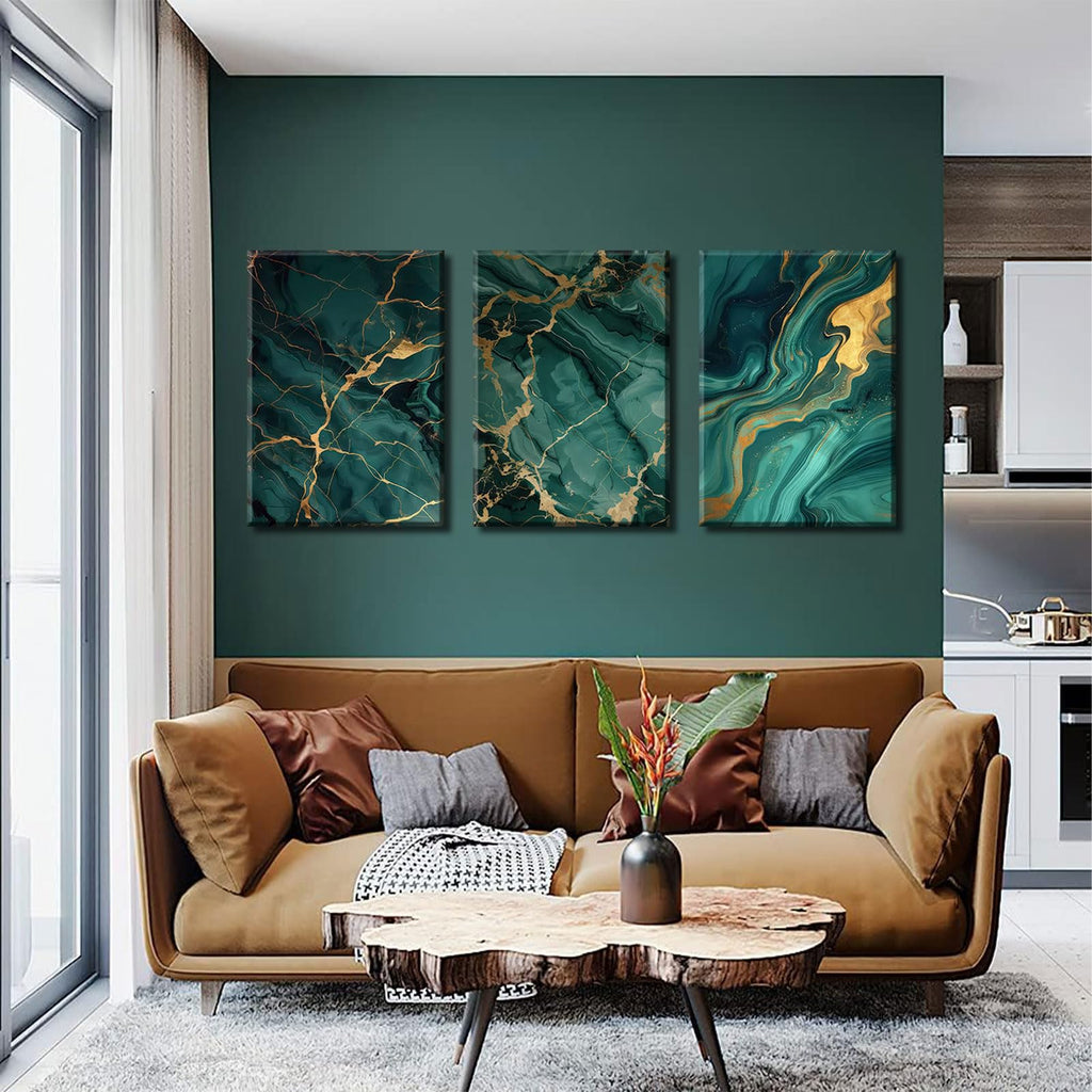 Emerald Green and Gold Canvas Wall Art Set of 3 Abstract Green Gold Marble Fluid Wall Decor Pictures Neutral Modern