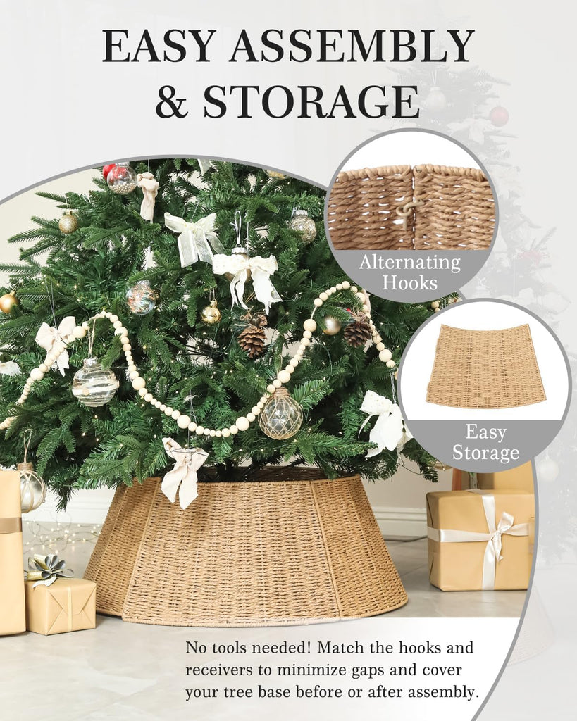 Rustic Farmhouse Christmas Tree Collar - Holiday Decorations - Natural Woven Wicker Tree Base Cover, Basket Ring for