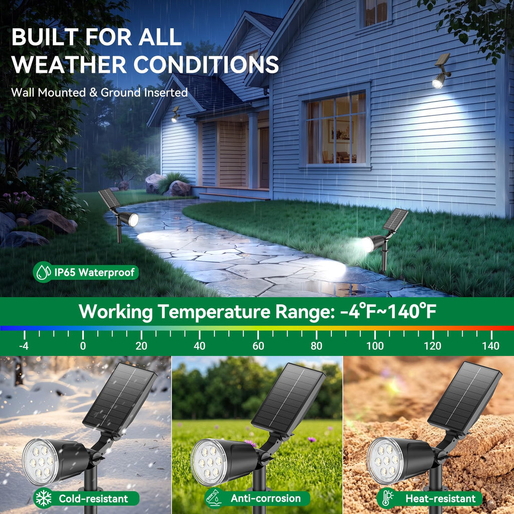 Solar Lights Outdoor Spot Light Waterproof: 1000LM Adjustable Cool White Spotlights - 2-in-1 15Hrs+ Bright Wall Spot