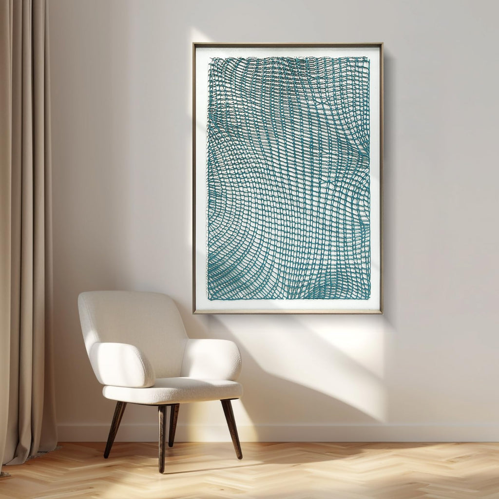 Handmade Acrylic Abstract Wall Art with 3D Textured Lines Serene Teal Wave Canvas Painting in Gallery Frame for