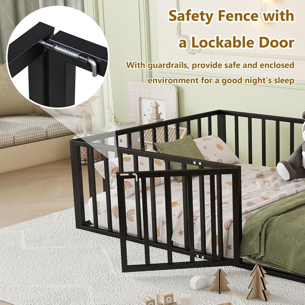 Floor Bed with Fence and Door, Heavy Duty Metal Montessori Floor Bed with Rails, Low-Profile Montessori