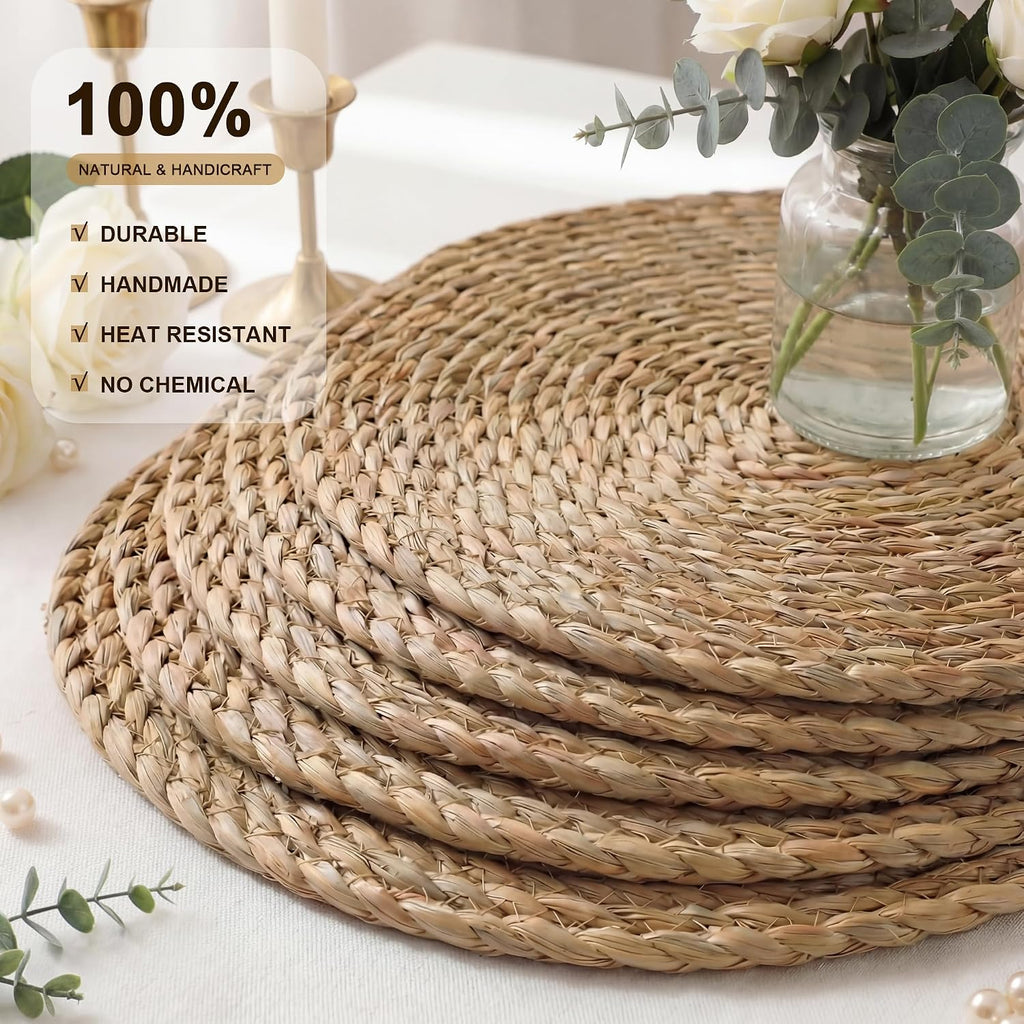 Round Woven Placemats 13in Rattan Charger Wicker Boho Place mat - Set of 6
