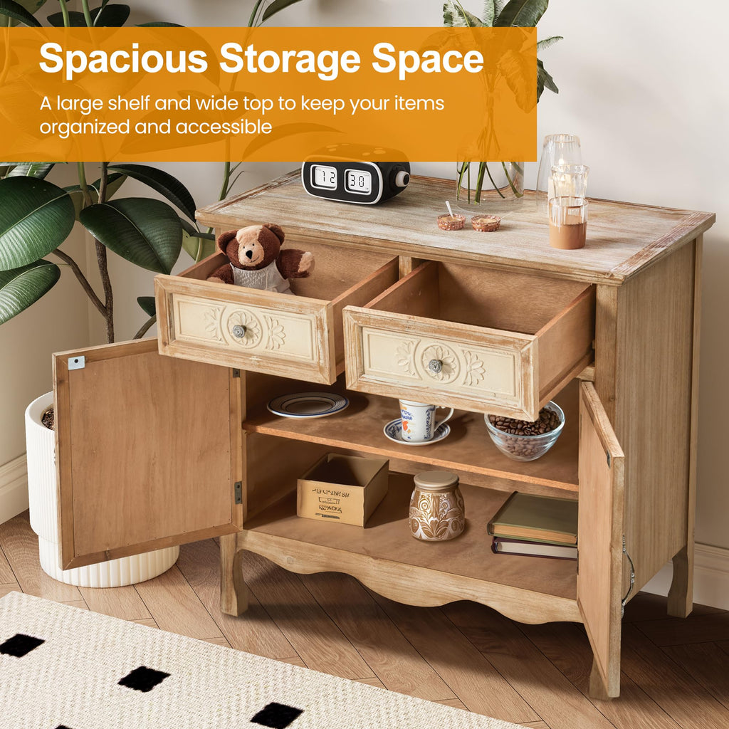 Sideboard Buffet Cabinet, Solid Wood Accent Cabinet with 2 Carved Doors and 2 Drawers, Vintage Credenza, Natural Oak