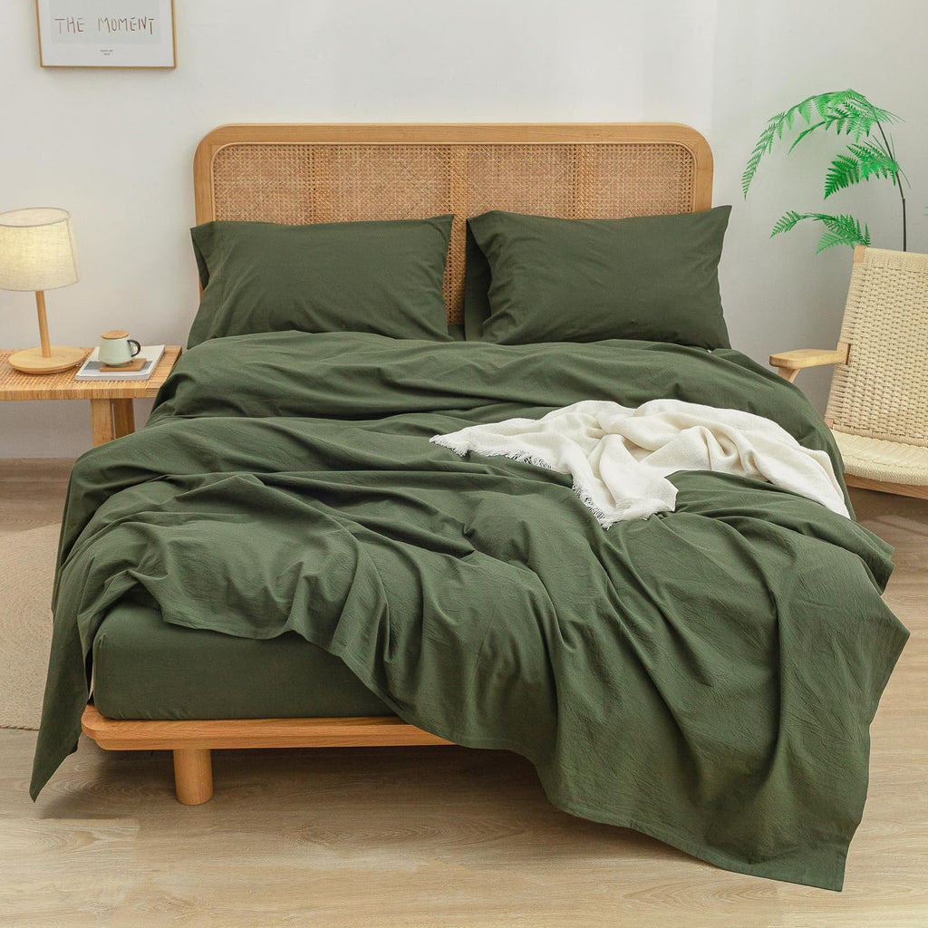 100% Washed Cotton Linen Feel Sheet Set, Solid Olive Green Queen