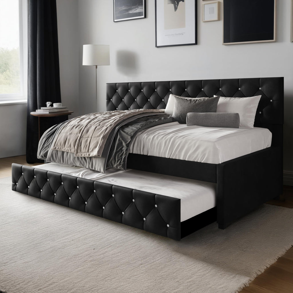 Darcey Velvet Upholstered Twin Daybed with Trundle, Tufted Guest Bed Frame, Modern Versatile Seating and Sleeping