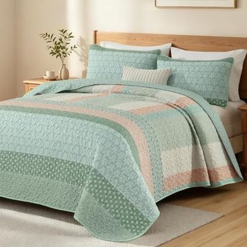 Quilt Set, Boho Stripe Bedspread, Vintage Green