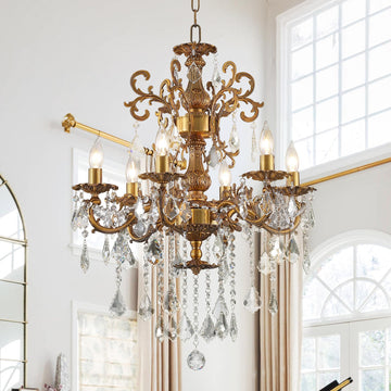 Luxury Antique Bronze Crystal Chandeliers with Candle Pendant Ceiling Light Fixture - 6 Lights Gold Crystal
