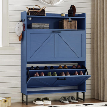 Shoe Cabinet with 2 Flip Drawers Narrow Shoe Storage Cabinet Organizer Wooden Freestanding Rack Hidden Slim Storage