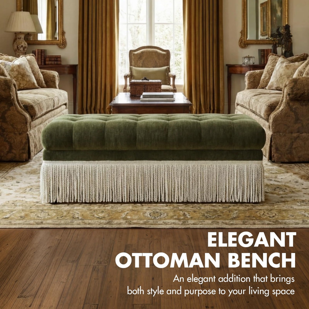 47-Inch Chenille Ottoman Bench Vintage Tufted Fringe Design Green