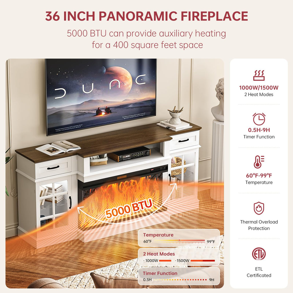 70" with 3-Sided Glass Fireplace, Modern Wood Entertainment Center with LED Lights and Glass Door, 36" Fire Place TV