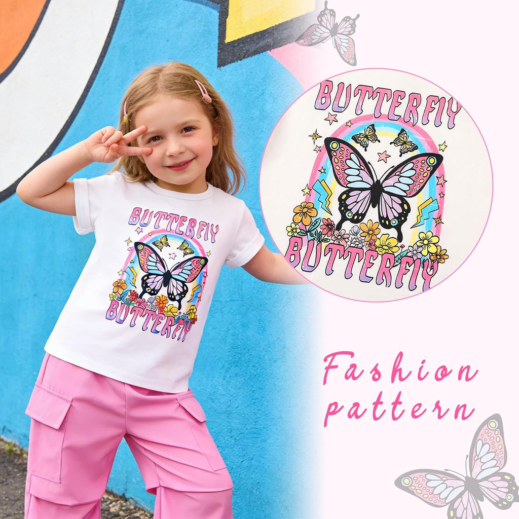 Toddler Girl Clothes Short Sleeve Butterfly Print T-Shirt Top Cargo Pants with Pockets Summer Clothing Sets