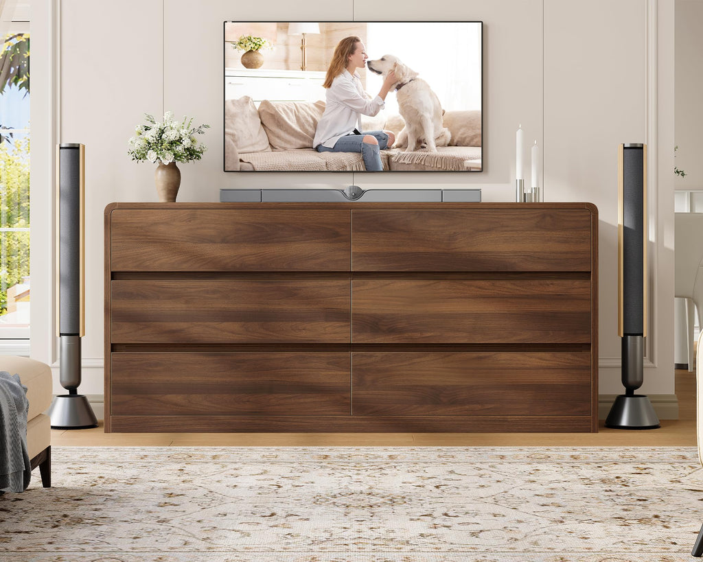 55" Dresser with 6 Drawers, Dressers & Chests of Drawers with Curved Profile Design, 6 Drawer Dresser, Bedroom