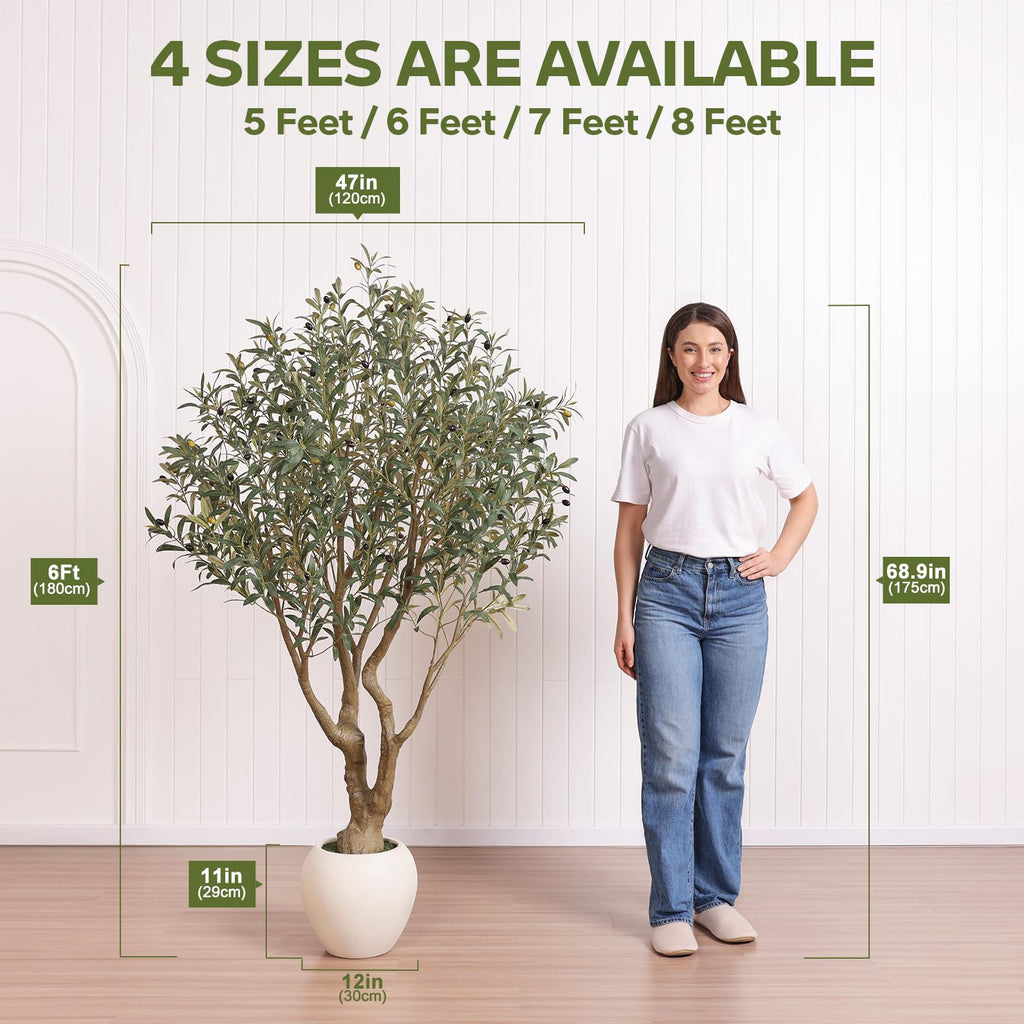 Artificial Olive Tree 6FT Faux Plant Home Decor - Large White Pot with Lifelike Silk Leaves, UV Resistant & No