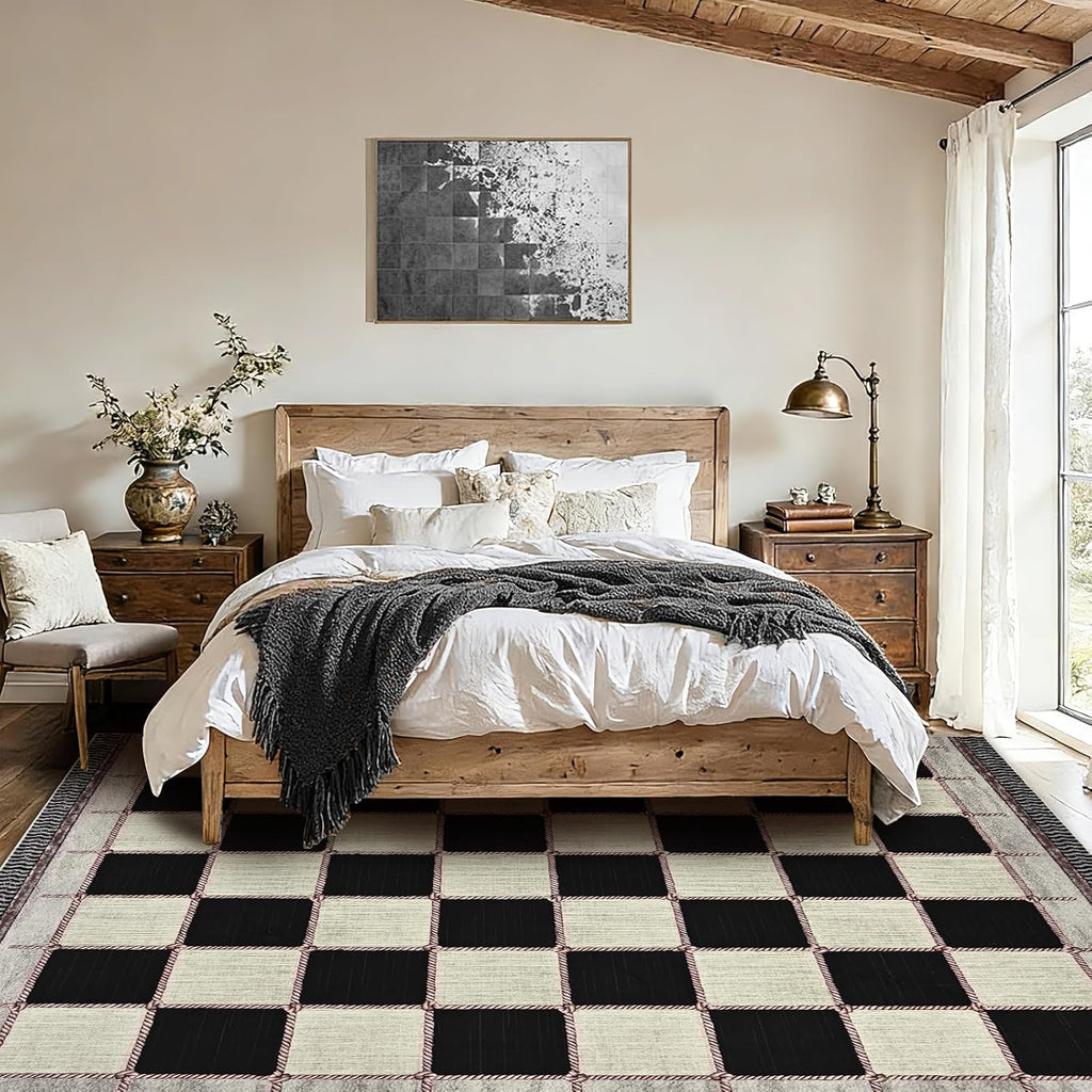 Checkered 8x10 Area Rugs, Washable Large Bedroom Rug
