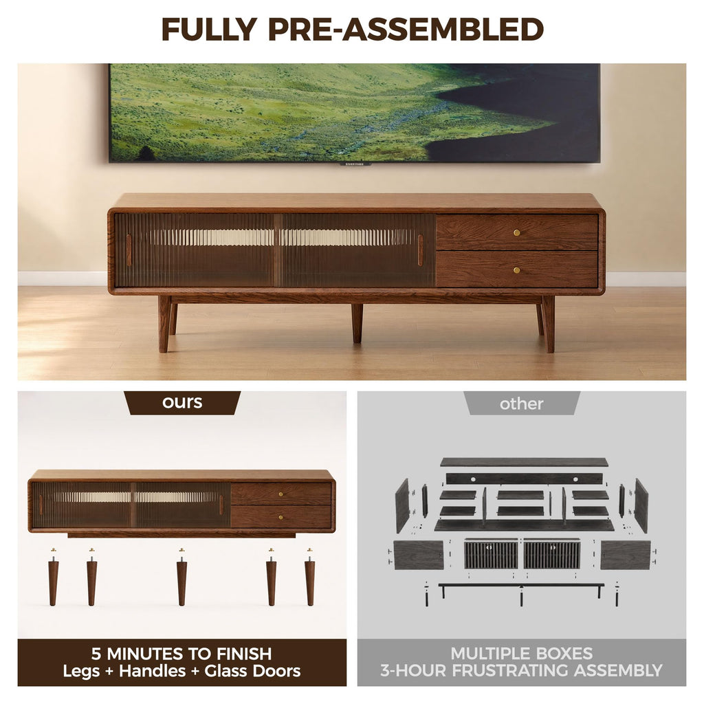 60" Solid Oak Wood TV Stand, Modern Entertainment Center, Fully Assembled
