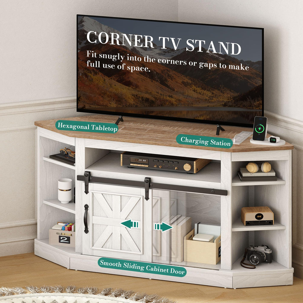 Corner TV Stand with Sliding Barn Door & Power, Storage, Grey Wash